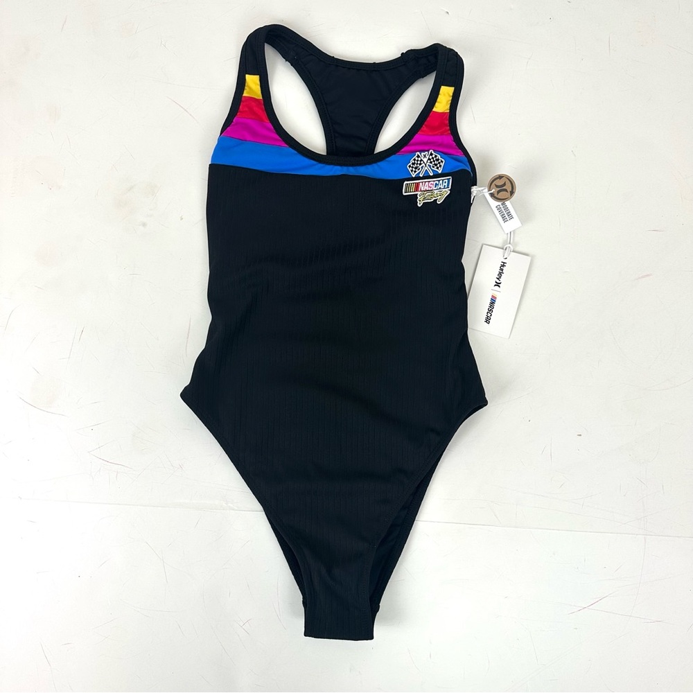 Hurley Nascar One Piece Swimsuit Women XS Black Scoop Neck Rib Cheeky Racerback